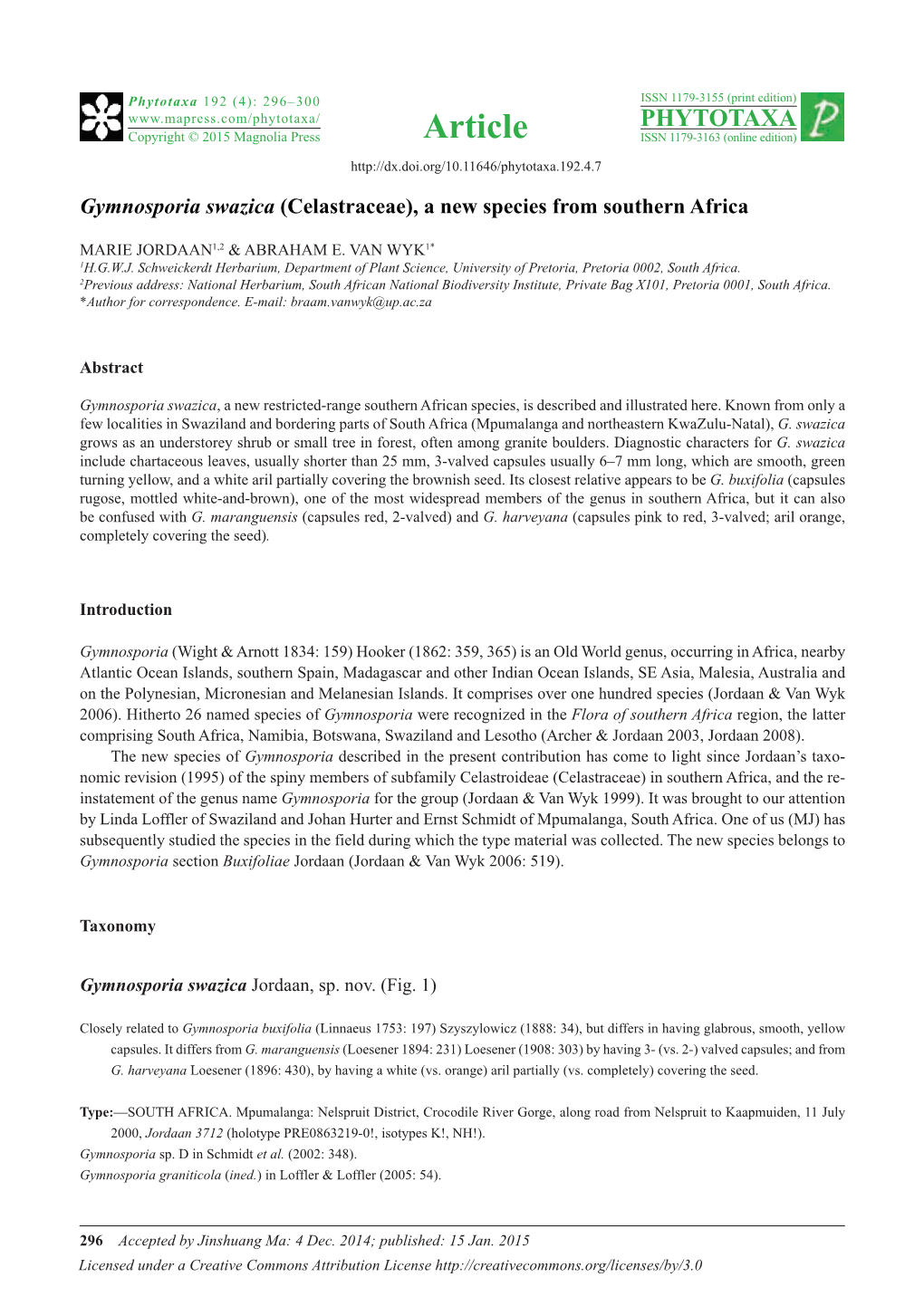 Gymnosporia Swazica (Celastraceae), a New Species from Southern Africa