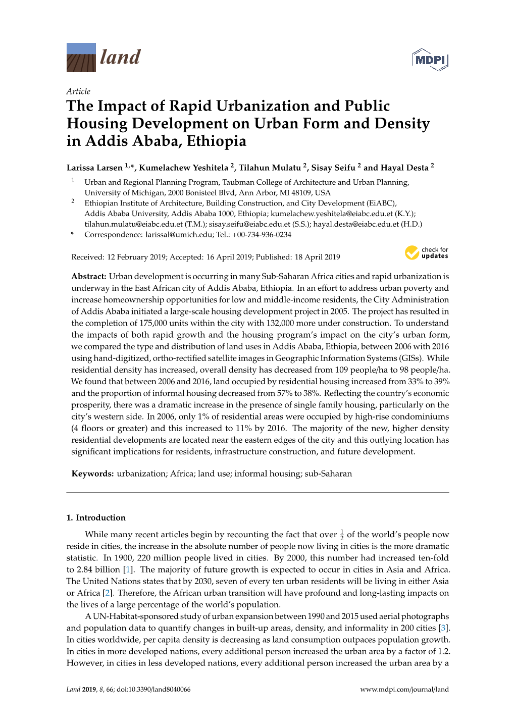 The Impact of Rapid Urbanization and Public Housing Development on Urban Form and Density in Addis Ababa, Ethiopia