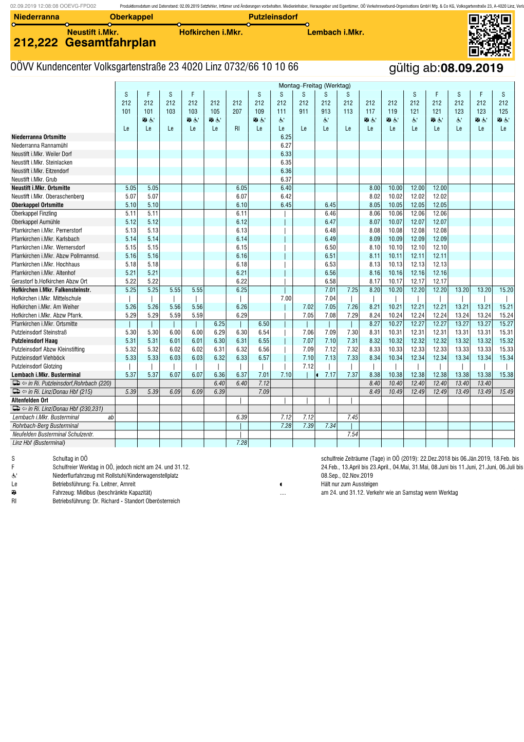 212222 Gesamtfahrplan 08.09.2019 Gültig