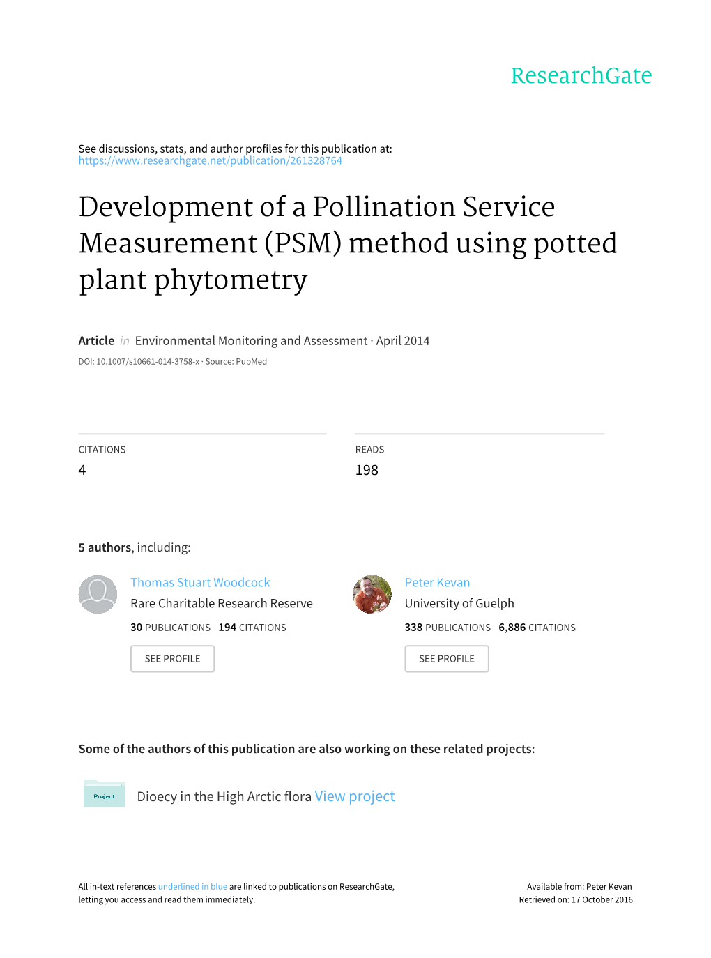 Development of a Pollination Service Measurement (PSM) Method Using Potted Plant Phytometry