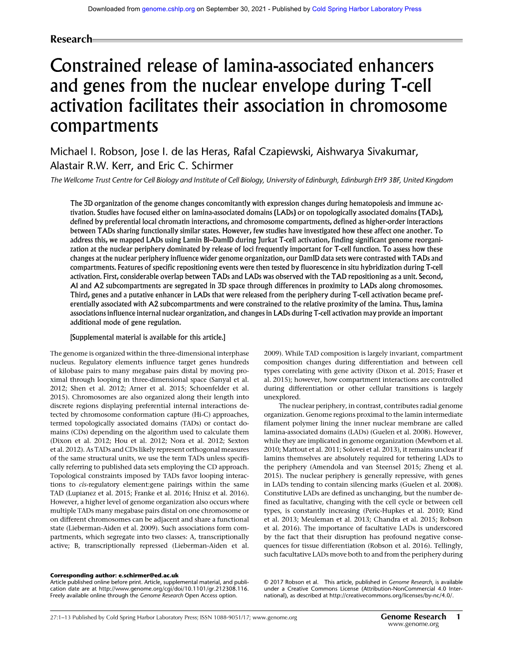 Constrained Release of Lamina-Associated Enhancers and Genes from the Nuclear Envelope During T-Cell Activation Facilitates Thei
