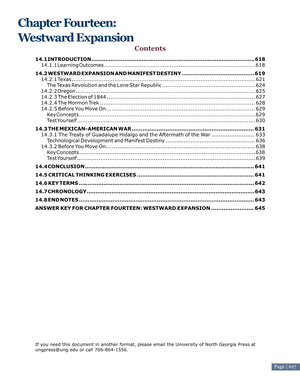 Chapter Fourteen: Westward Expansion C O Nt E Nt S 14.1 Introduction