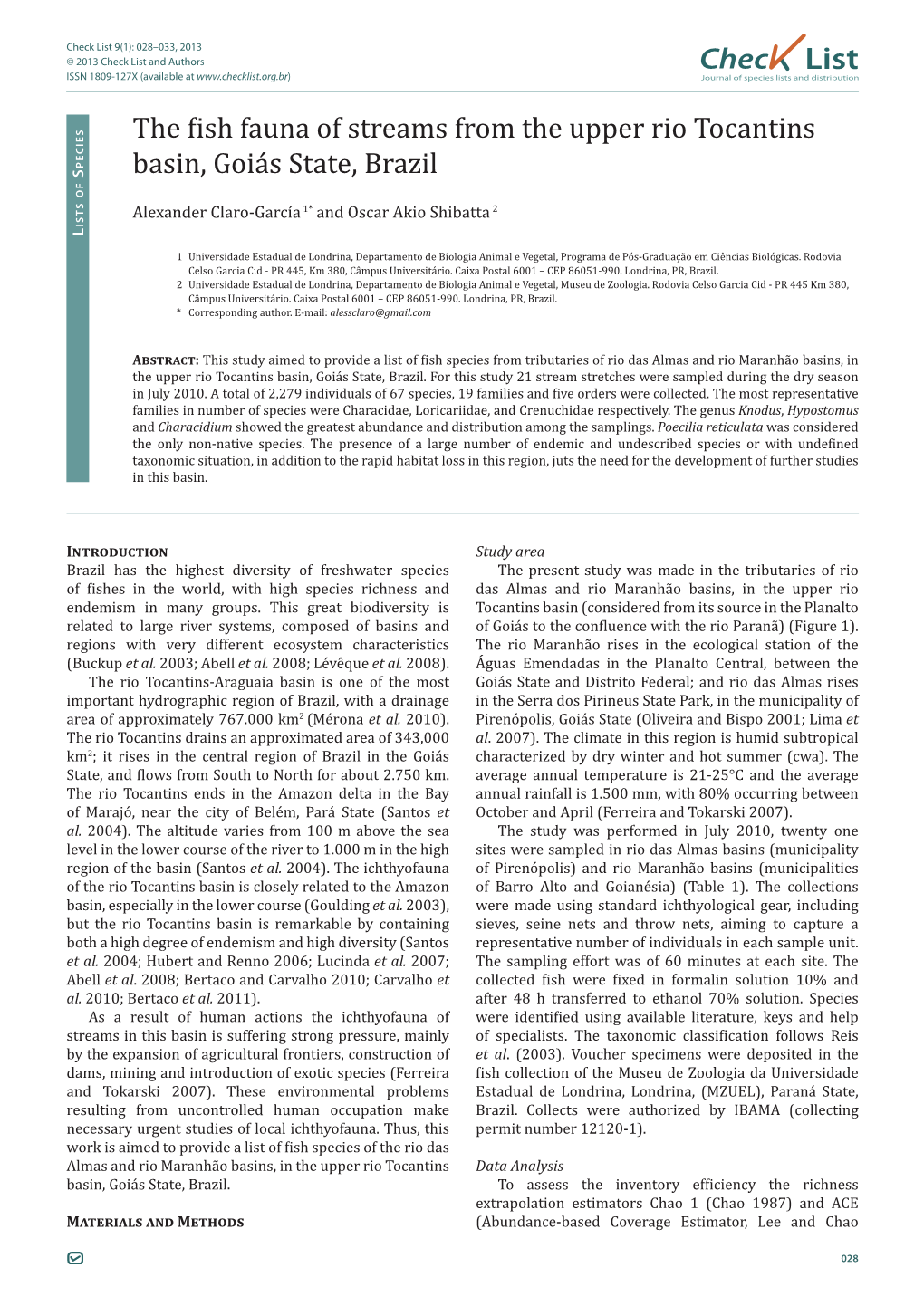 The Fish Fauna of Streams from the Upper Rio Tocantins Basin, Goiás