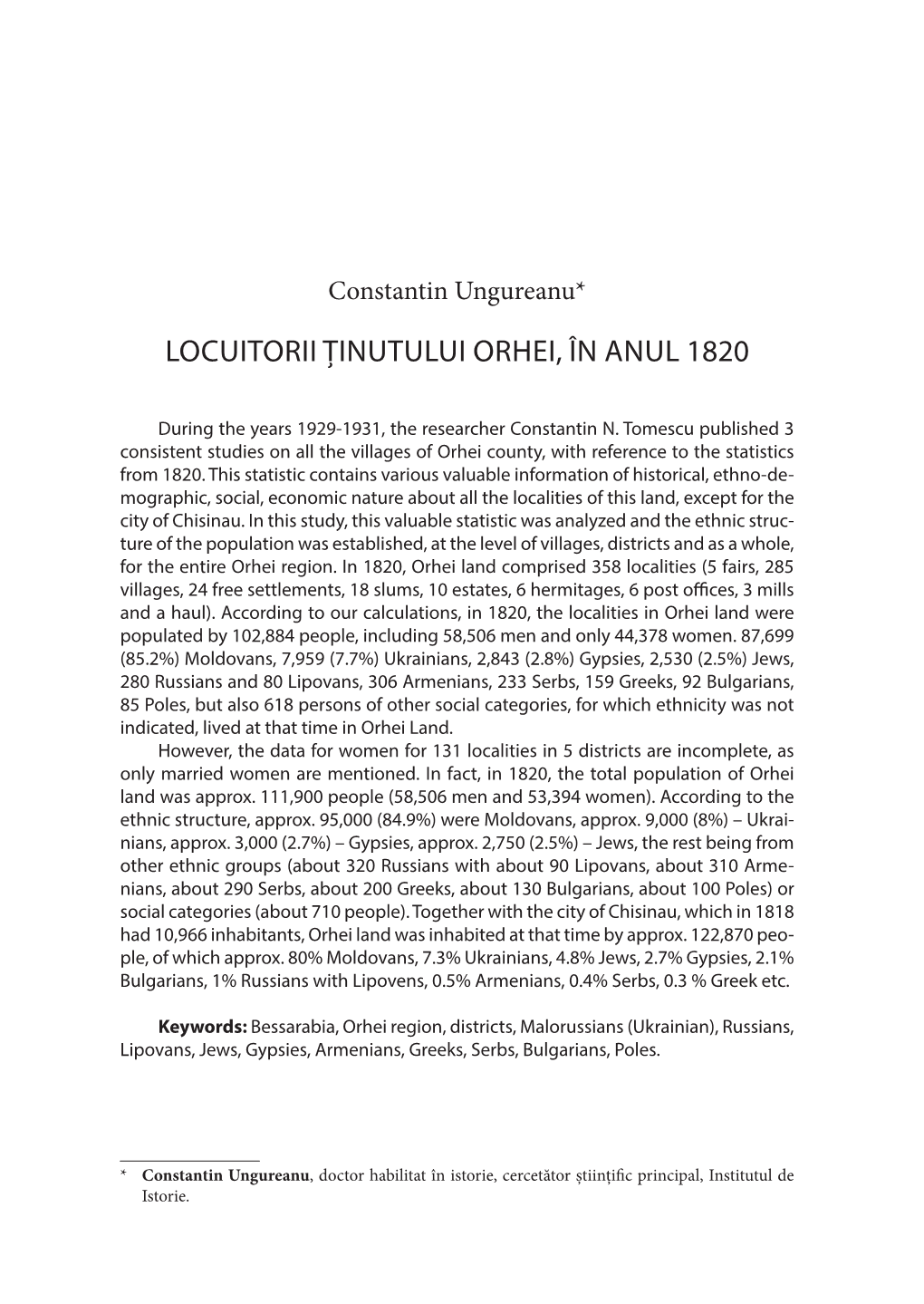 Locuitorii Ținutului Orhei, În Anul 1820