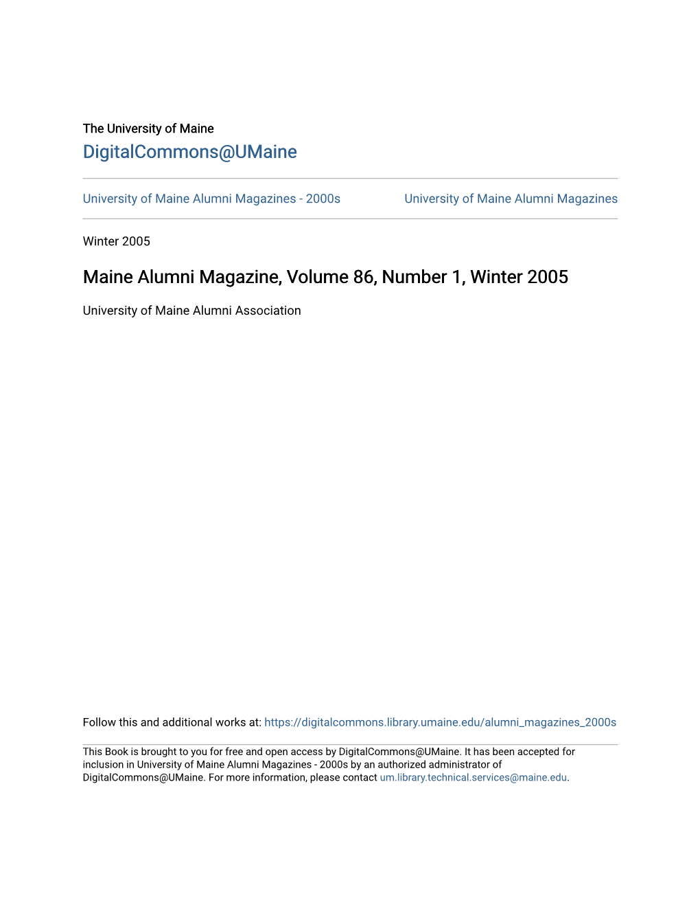 Maine Alumni Magazine, Volume 86, Number 1, Winter 2005