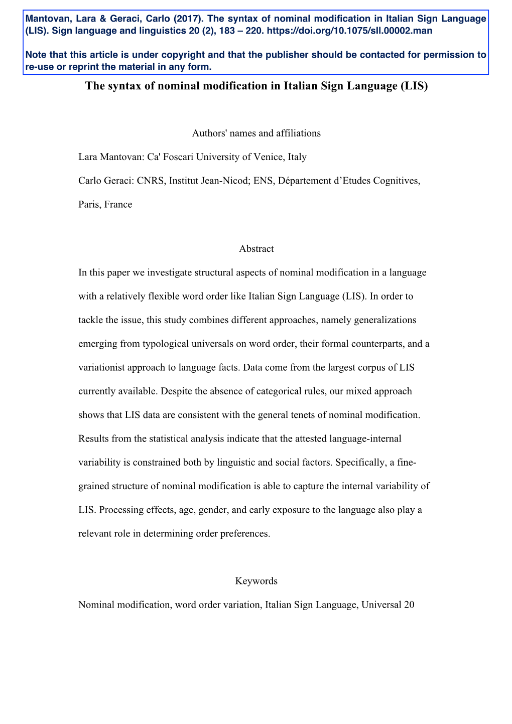 The Syntax of Nominal Modification in Italian Sign Language (LIS)