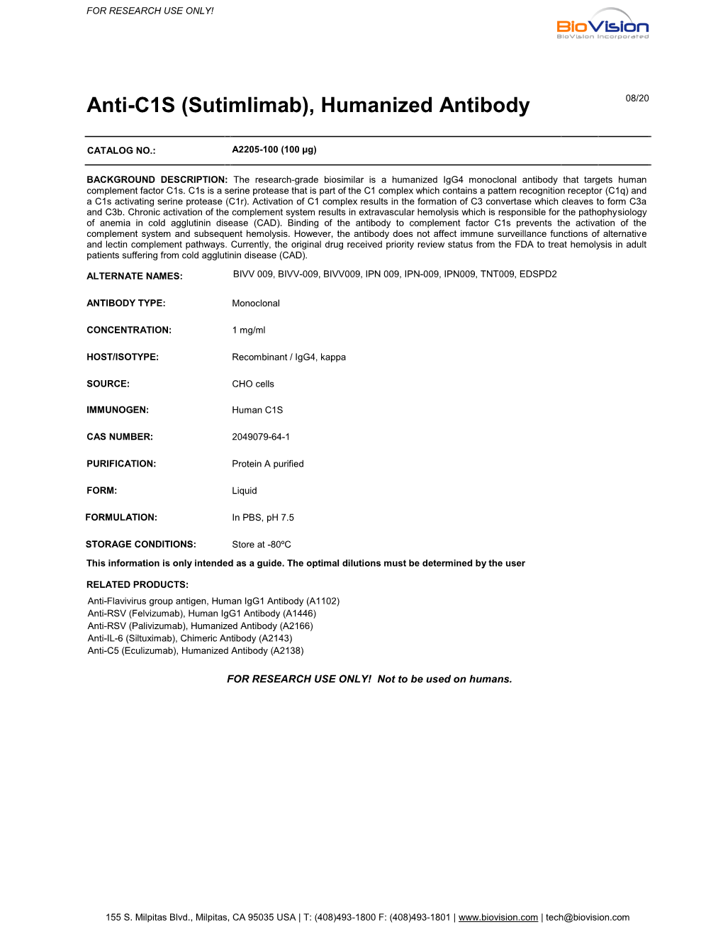 Anti-C1S (Sutimlimab), Humanized Antibody