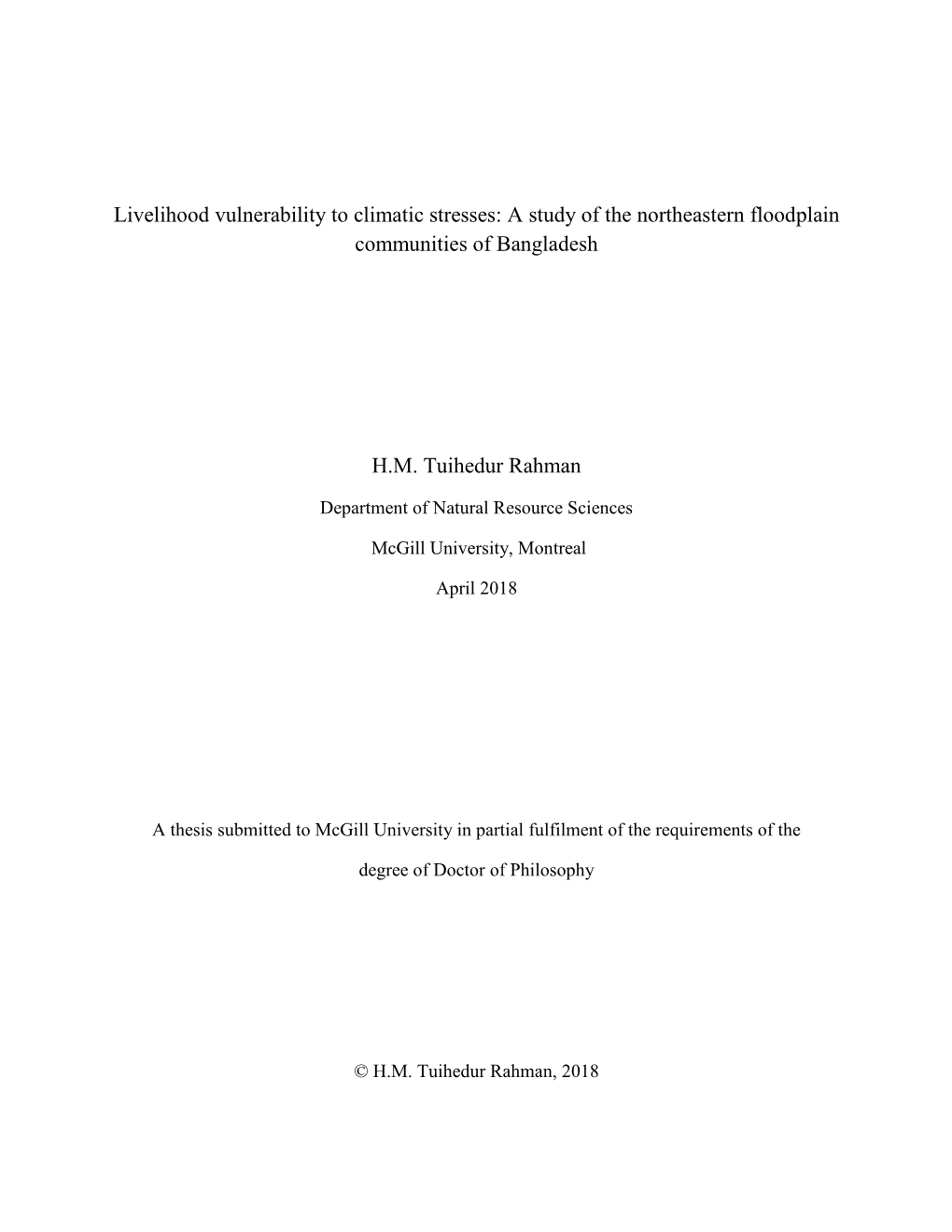 Livelihood Vulnerability to Climatic Stresses: a Study of the Northeastern Floodplain Communities of Bangladesh