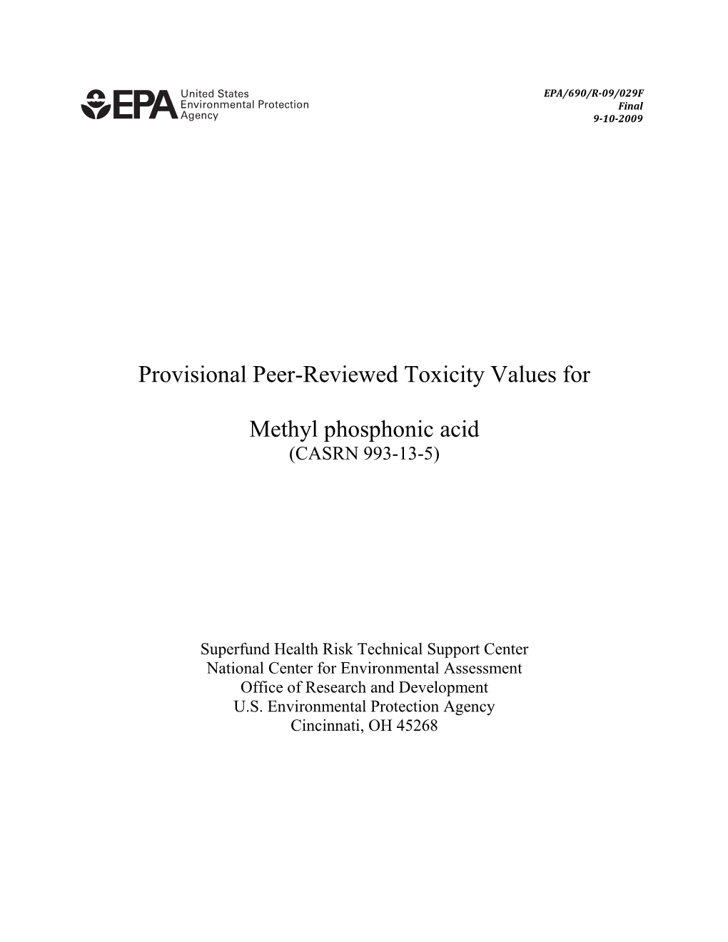 Provisional Peer-Reviewed Toxicity Values for Methyl Phosphonic Acid (Casrn 993-13-5)