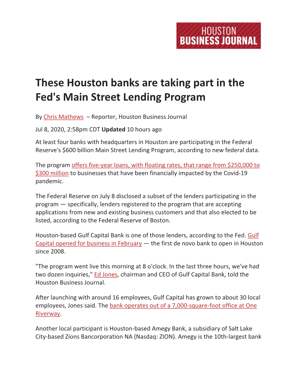 These Houston Banks Are Taking Part in the Fed's Main Street Lending Program