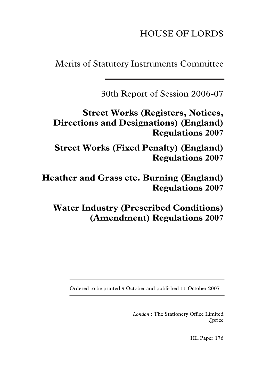 HOUSE of LORDS Merits of Statutory Instruments Committee 30Th Report