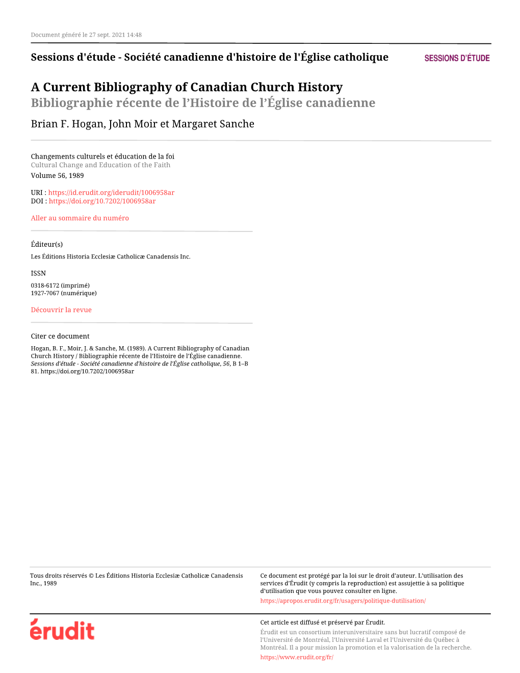 Société Canadienne D'histoire De L'église Catholique