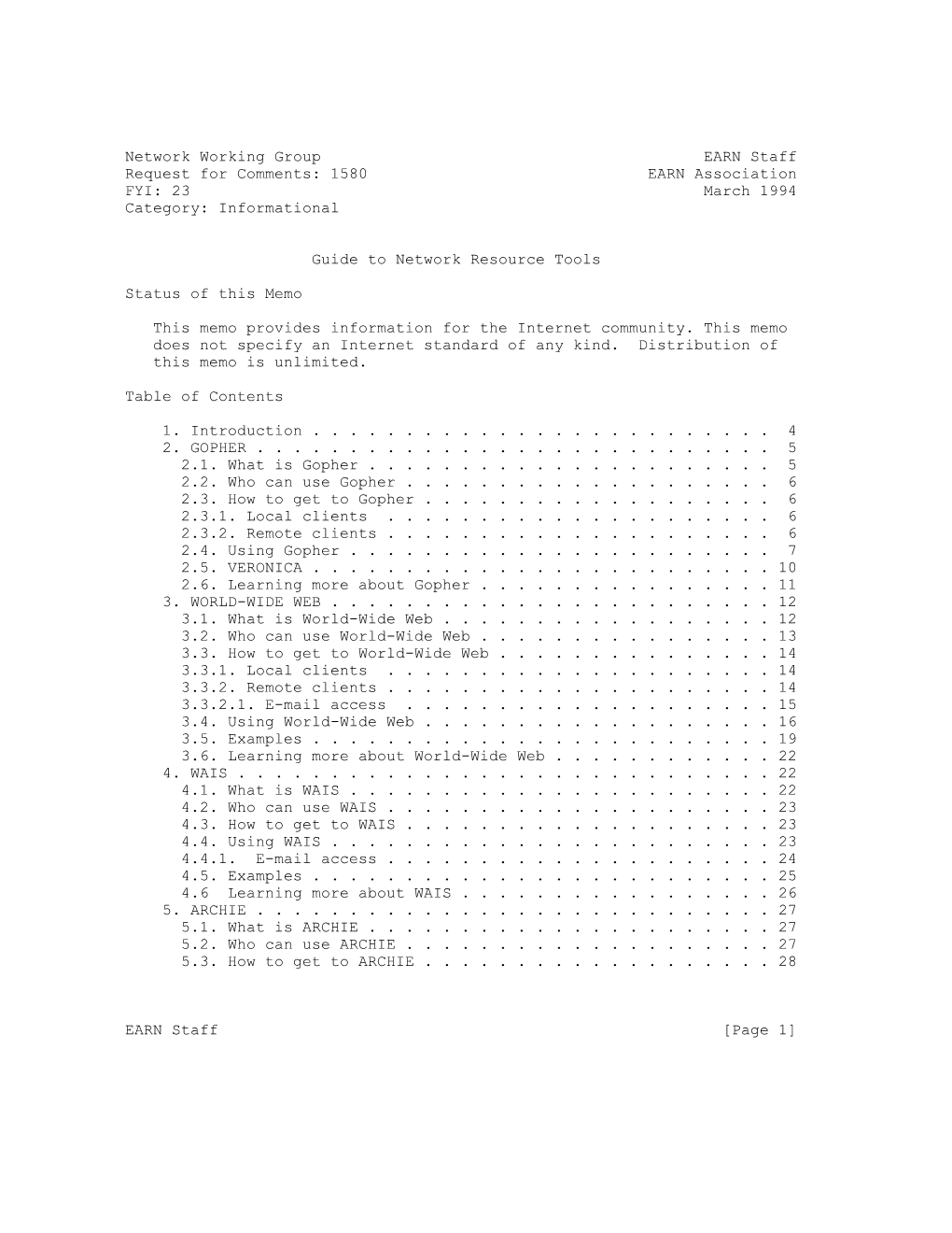 1580 EARN Association FYI: 23 March 1994 Category: Informational