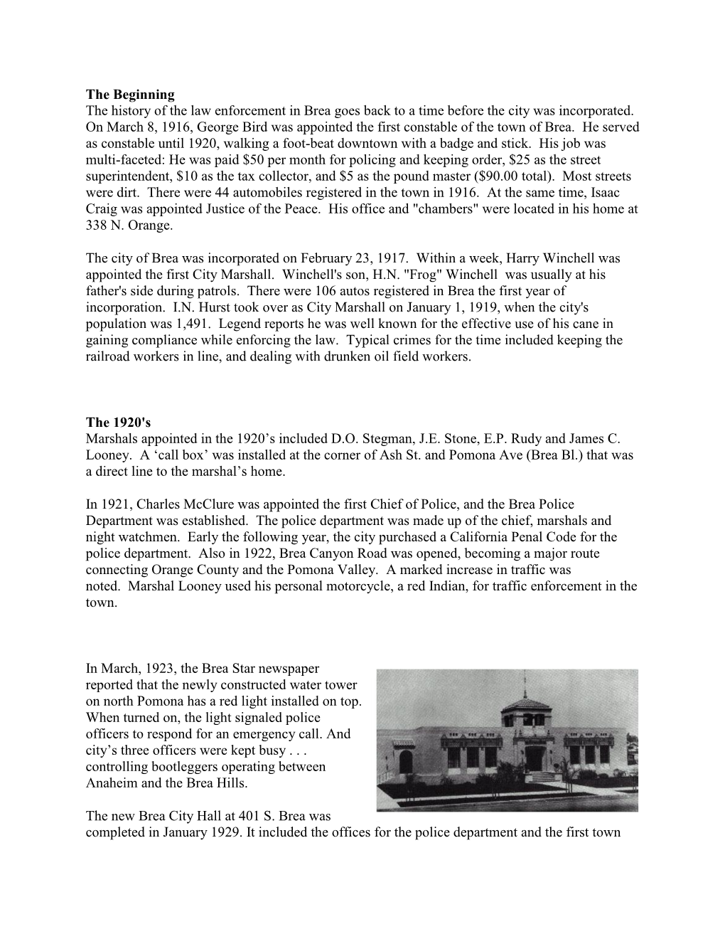 History of the Brea Police Department Was Compiled by Retired Lt
