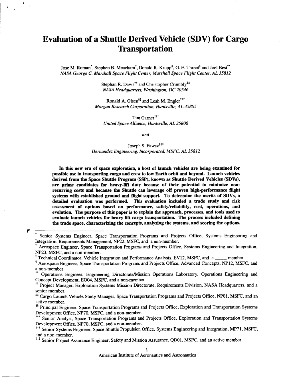 Evaluation of a Shuttle Derived Vehicle (SDV) for Cargo Transportation