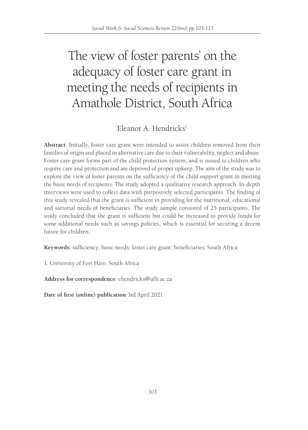 The View of Foster Parents' on the Adequacy of Foster Care Grant In