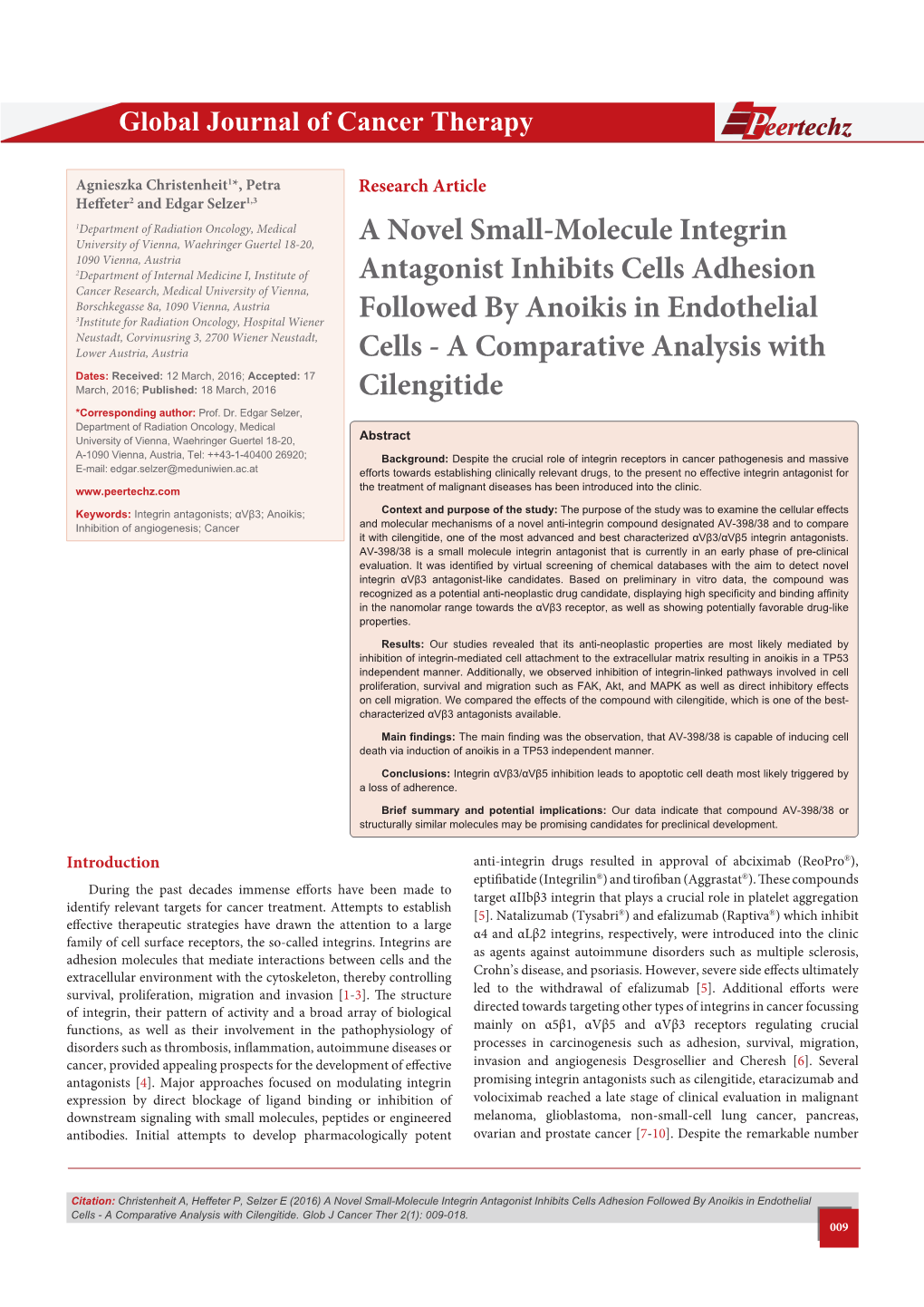 A Novel Small-Molecule Integrin Antagonist Inhibits Cells Adhesion Followed by Anoikis in Endothelial Cells - a Comparative Analysis with Cilengitide