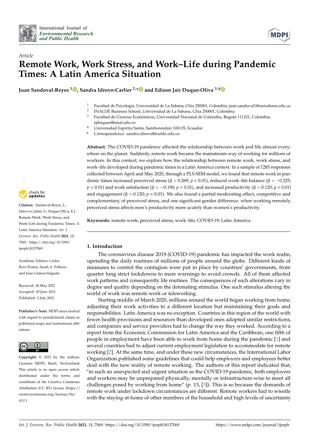 Remote Work, Work Stress, and Work–Life During Pandemic Times: a Latin America Situation