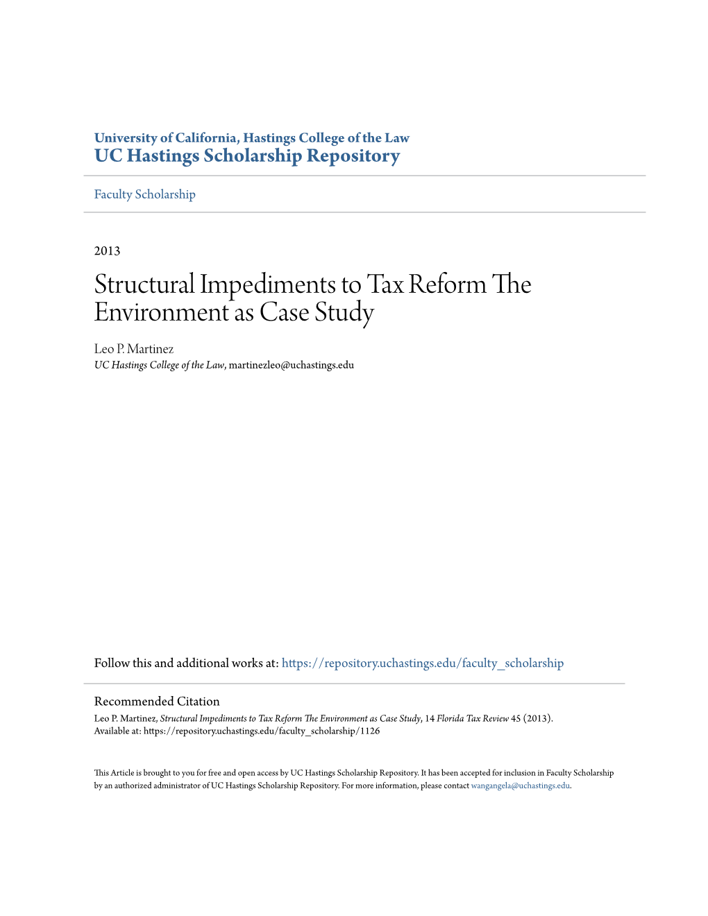 Structural Impediments to Tax Reform the Environment As Case Study Leo P