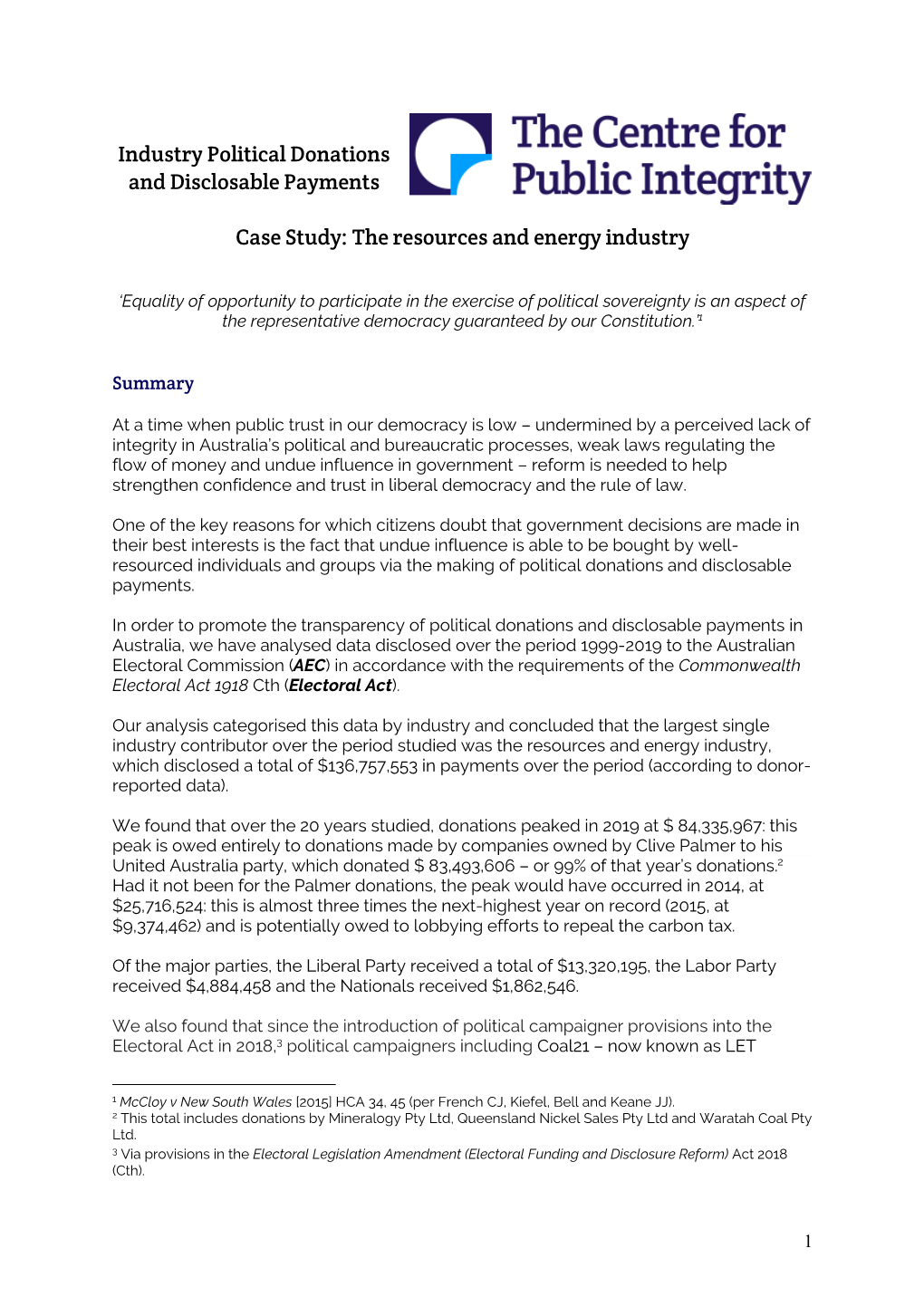 Industry Political Donations and Disclosable Payments Case Study