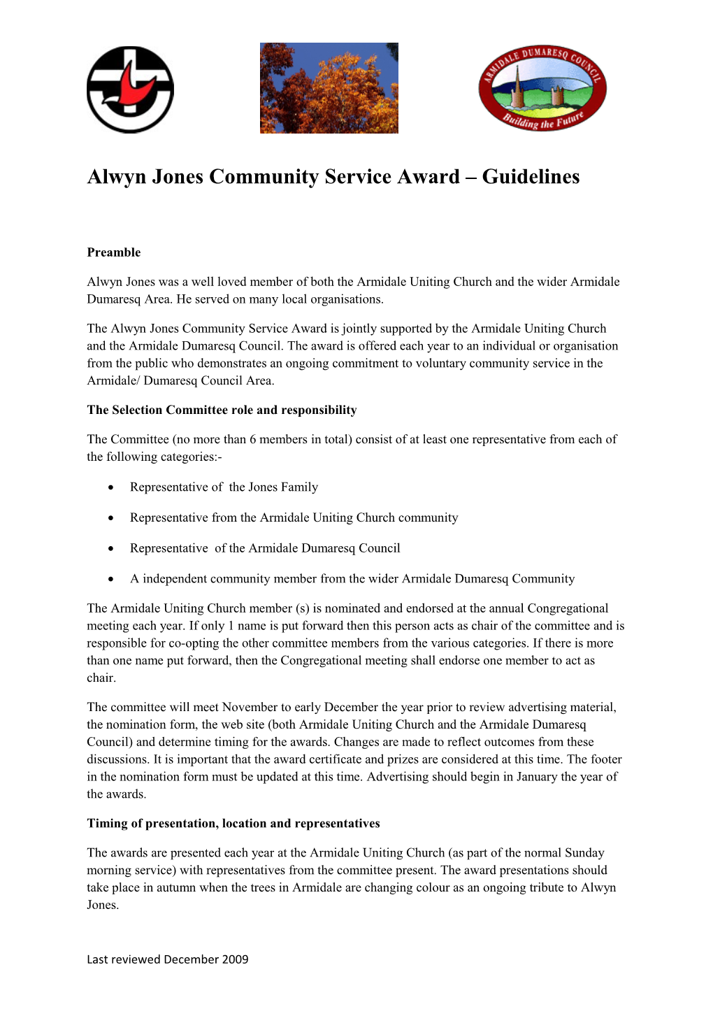 Alwyn Jones Community Service Award - Guidelines