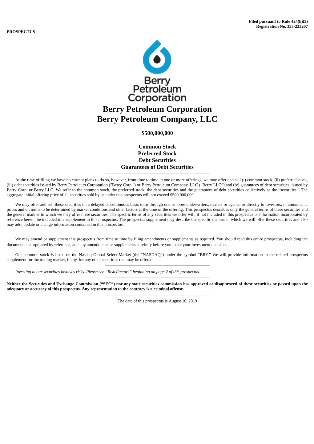 Berry Petroleum Corporation Berry Petroleum Company, LLC