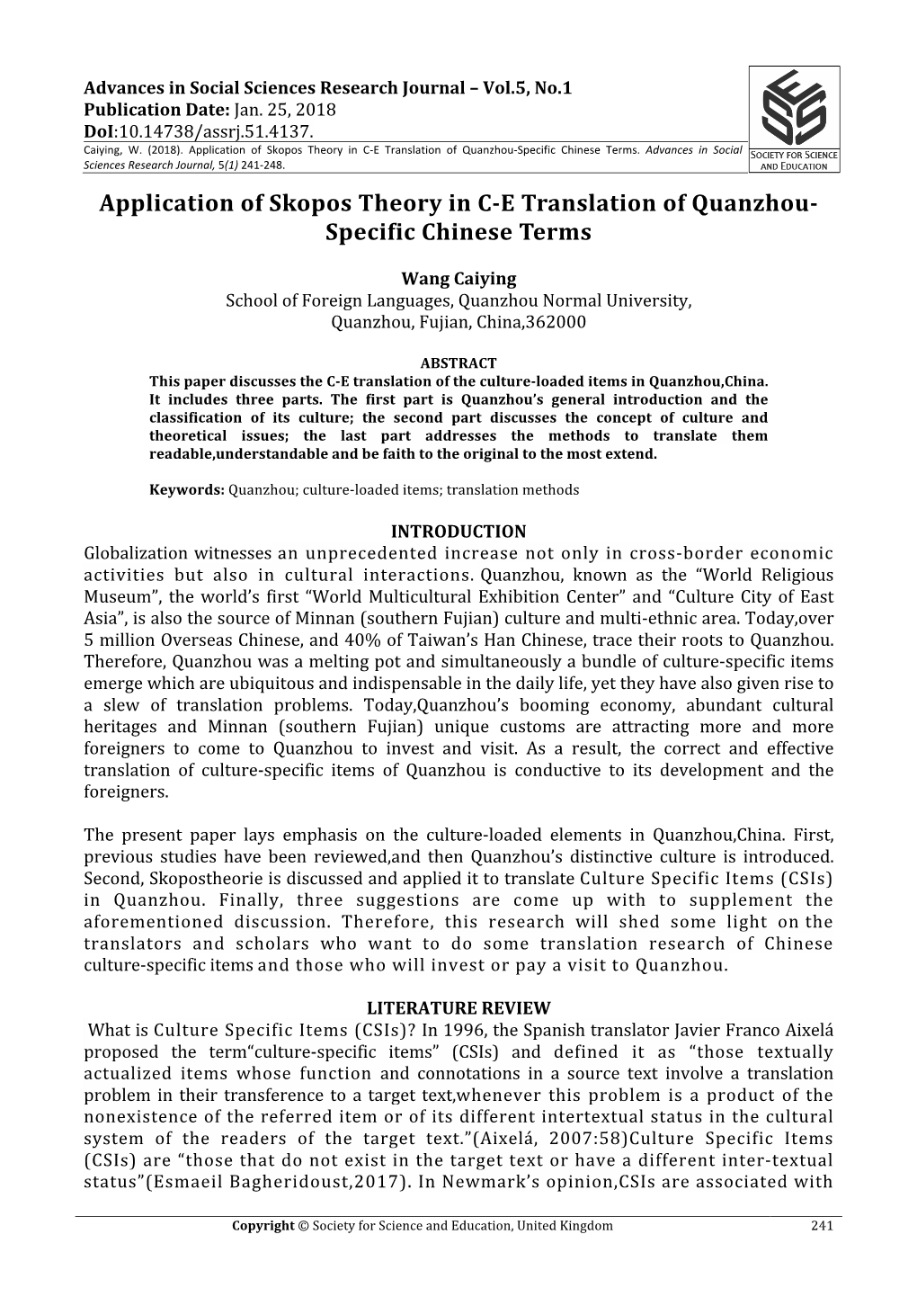 Application of Skopos Theory in C-E Translation of Quanzhou- Specific Chinese Terms