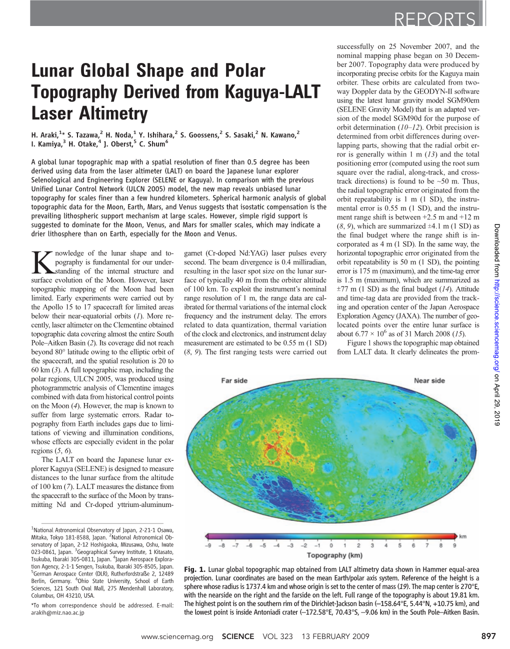 Lunar Global Shape and Polar Topography Derived from Kaguya-LALT Laser Altimetry H