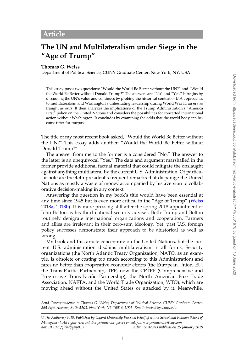 Article the UN and Multilateralism Under Siege in the “Age of Trump” Thomas G