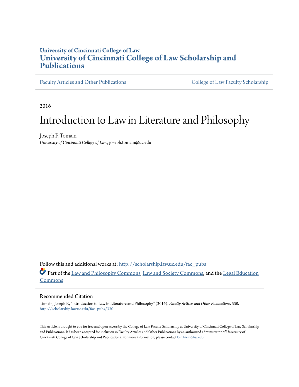 Introduction to Law in Literature and Philosophy Joseph P