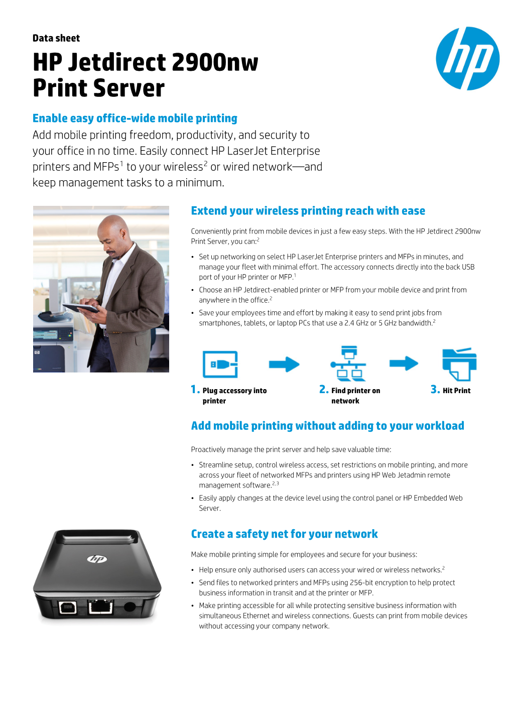 HP Jetdirect 2900Nw Print Server Enable Easy Office-Wide Mobile Printing Add Mobile Printing Freedom, Productivity, and Security to Your Office in No Time