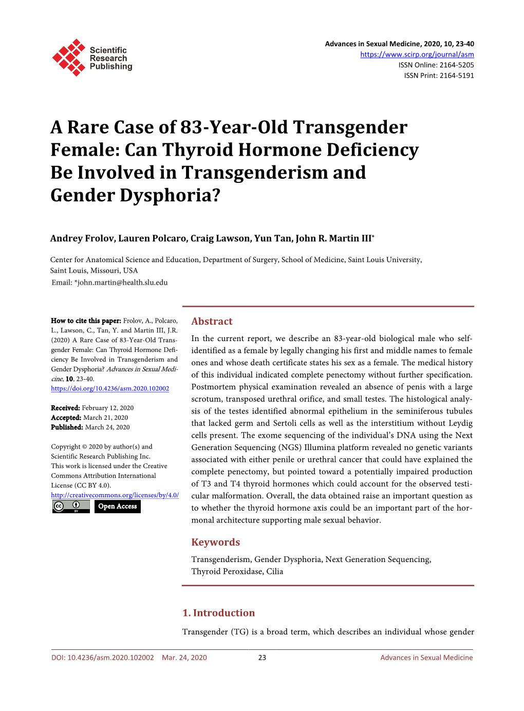 Can Thyroid Hormone Deficiency Be Involved in Transgenderism and Gender Dysphoria?