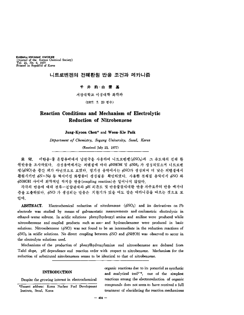 Reaction Conditions and Mechanism of Electrolytic Reduction of Nitrobenzene