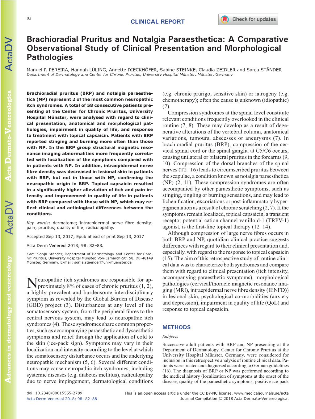 Brachioradial Pruritus and Notalgia Paraesthetica