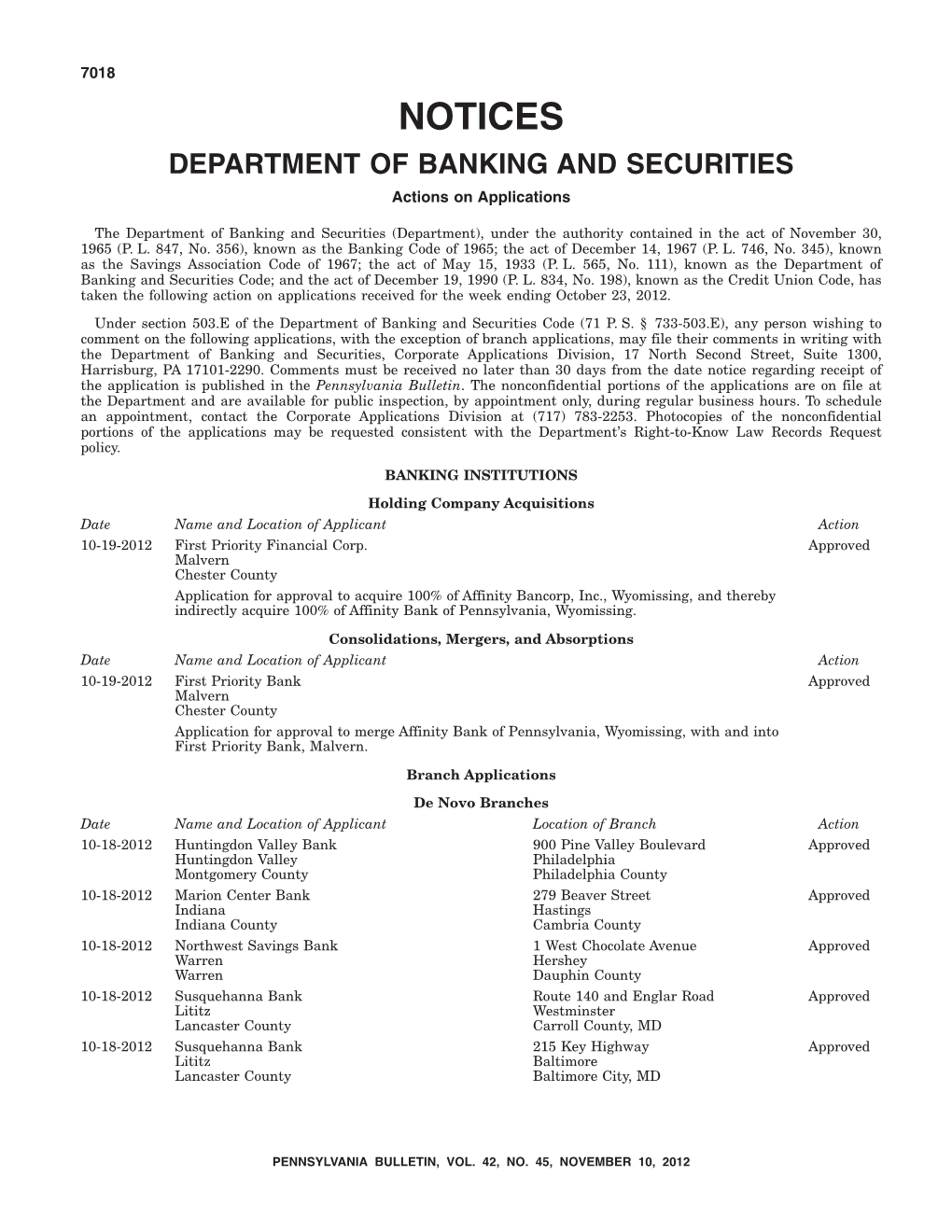 NOTICES DEPARTMENT of BANKING and SECURITIES Actions on Applications