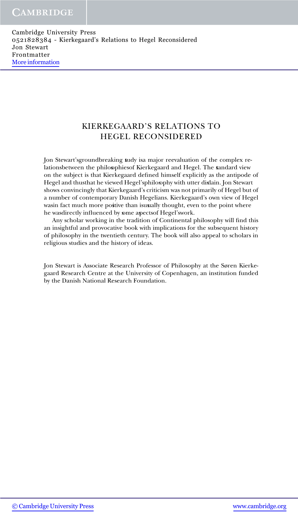 Kierkegaard's Relations to Hegel Reconsidered