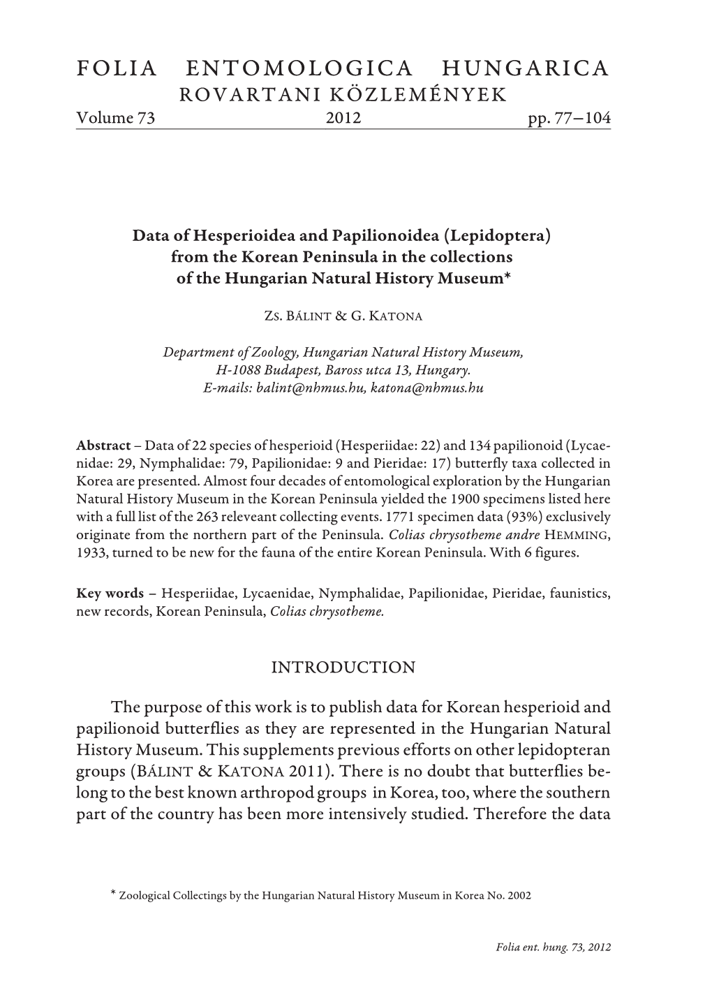 FOLIA ENTOMOLOGICA HUNGARICA ROVARTANI KÖZLEMÉNYEK Volume 73 2012 Pp