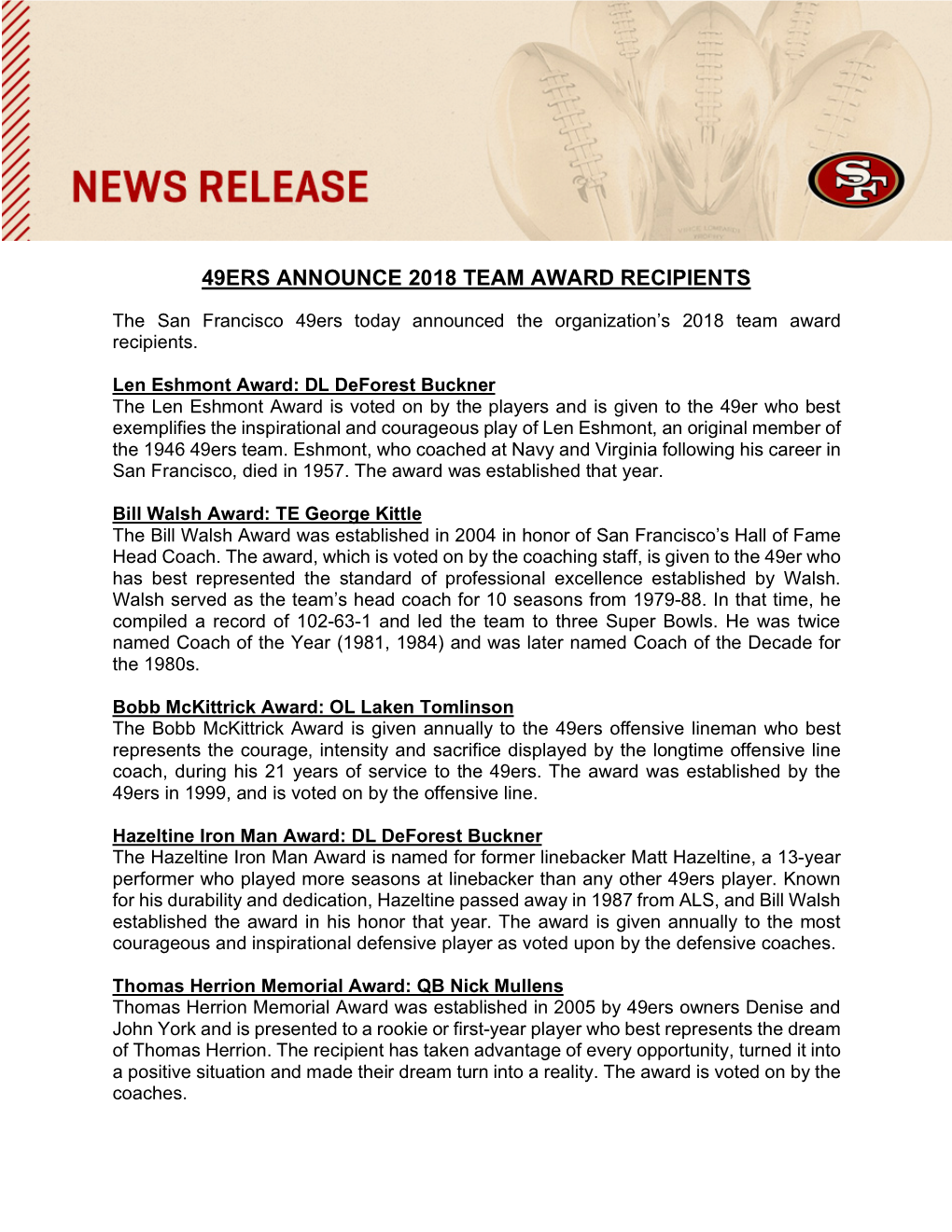 49Ers Announce 2018 Team Award Recipients