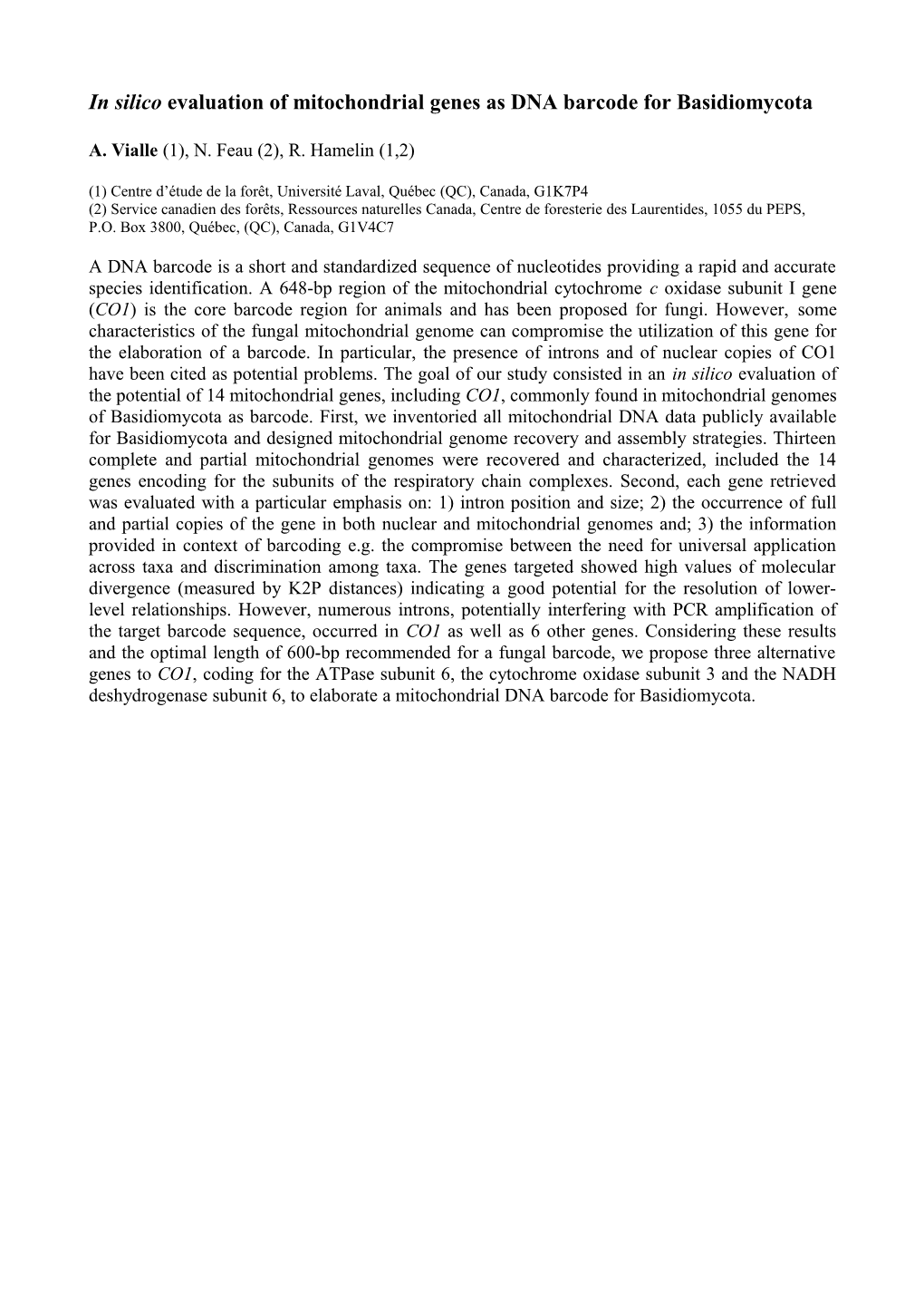 In Silico Evaluation of Mitochondrial Genes As DNA Barcode for Basidiomycota