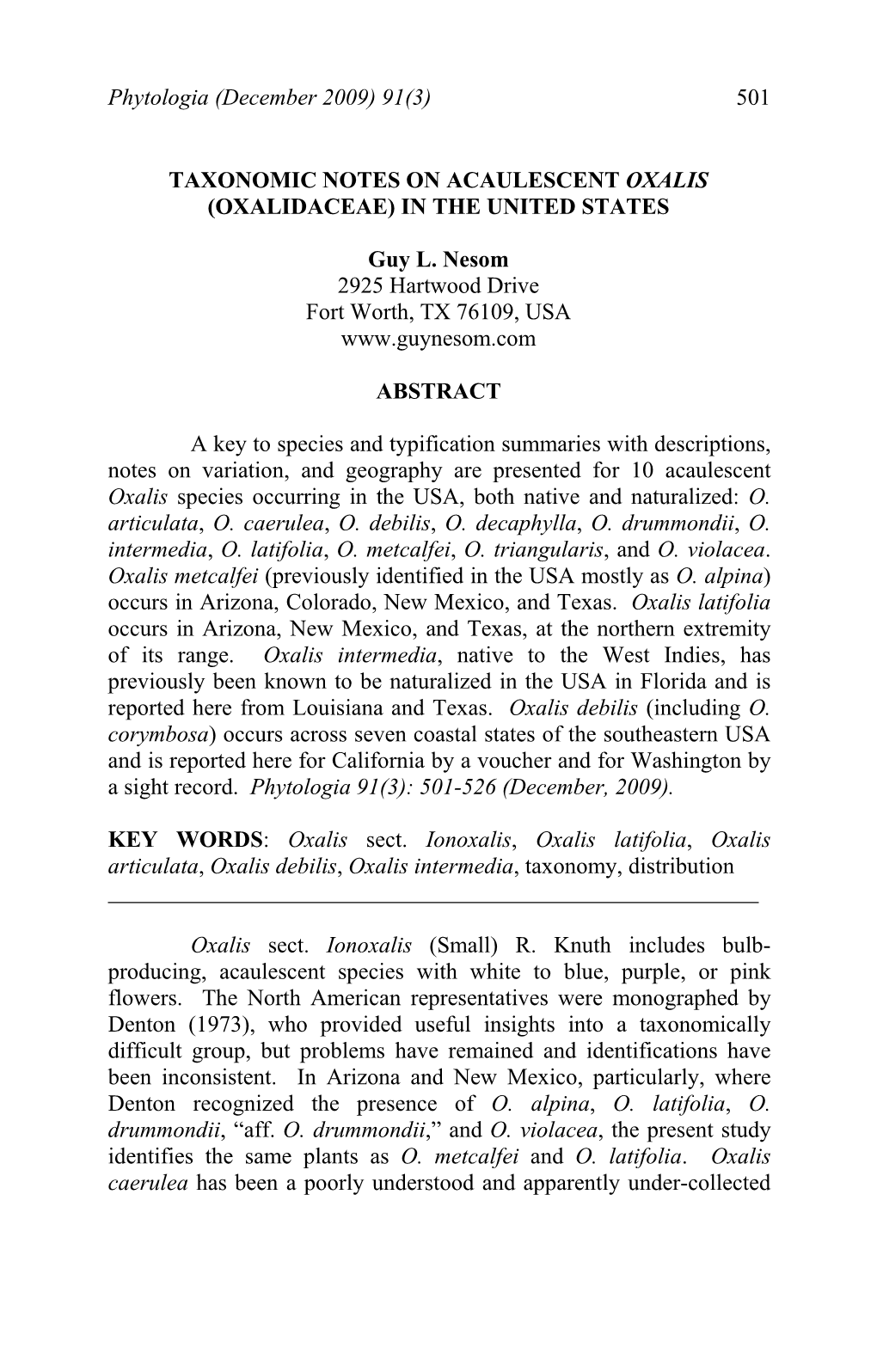 Taxonomic Notes on Acaulescent Oxalis (Oxalidaceae) in the United States