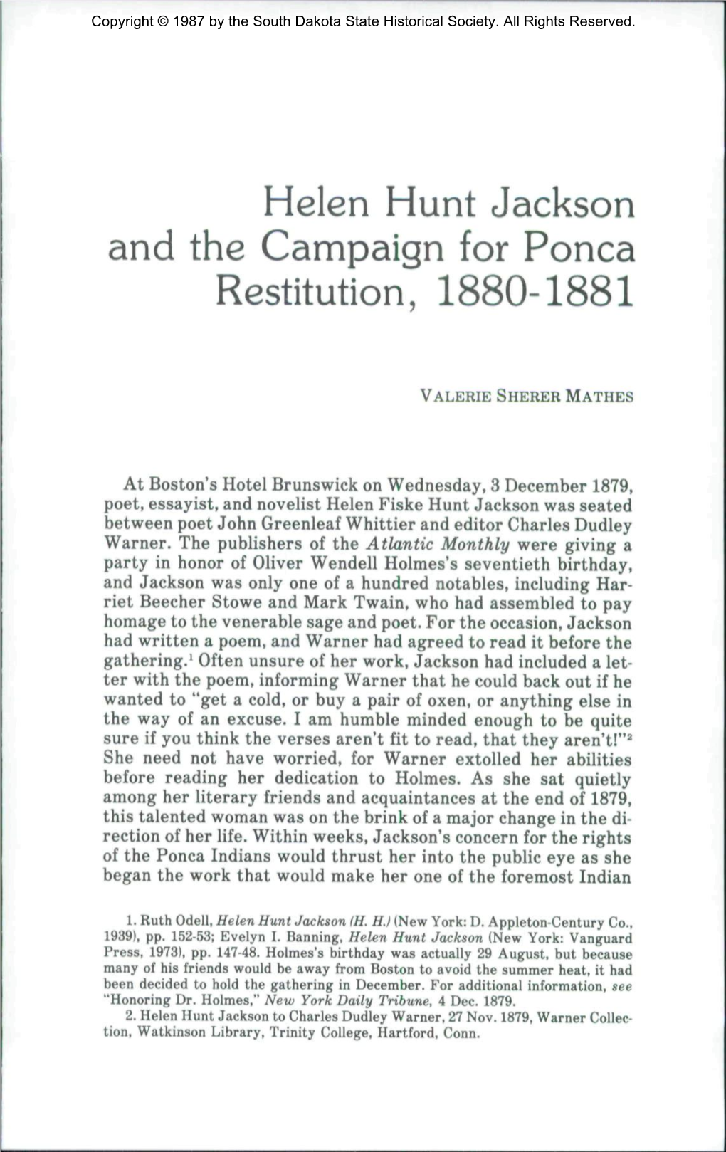 Helen Hunt Jackson and the Campaign for Ponca Restitution, 1880-1881