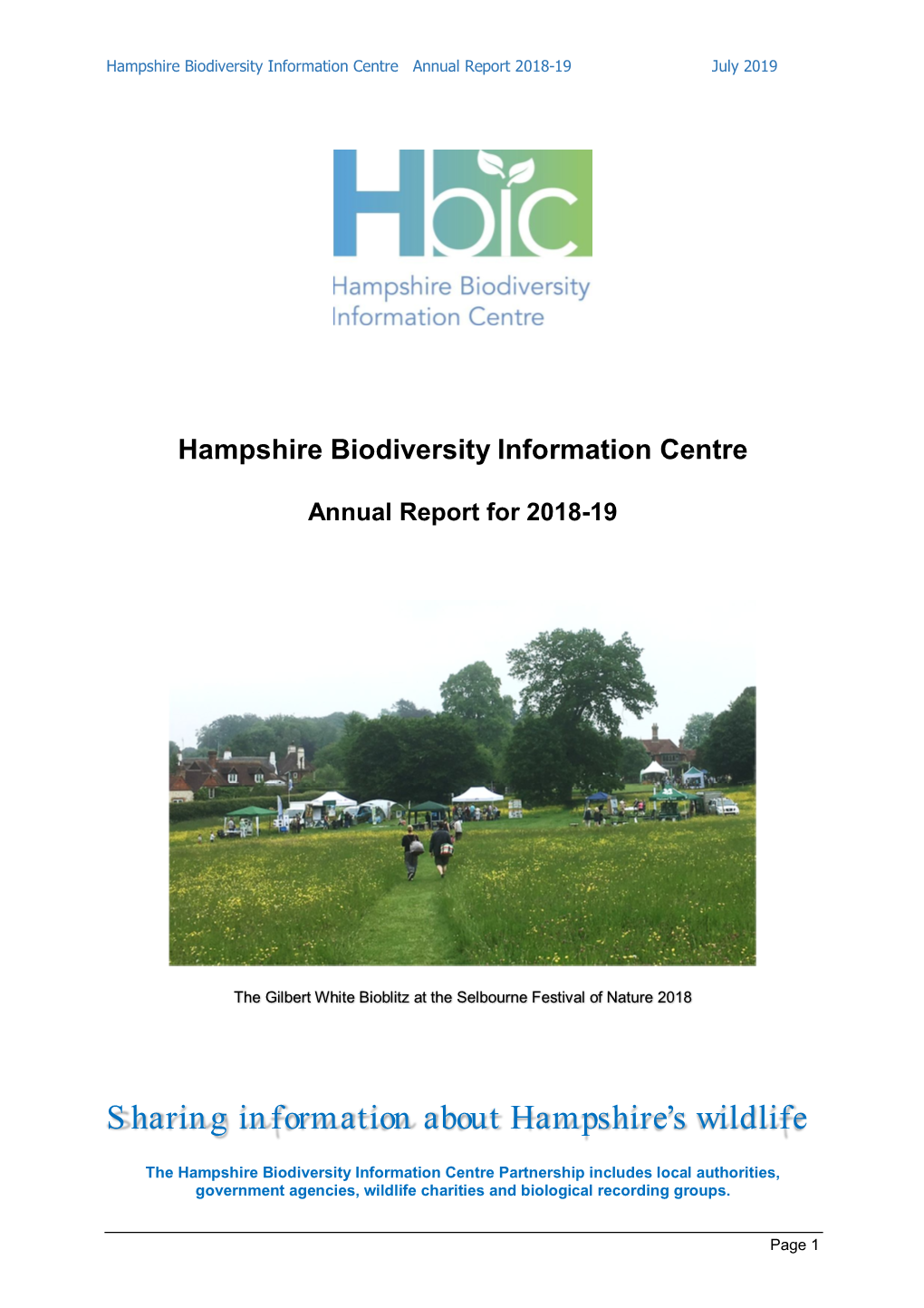 Hampshire Biodiversity Information Centre Annual Report 2018-19 July 2019