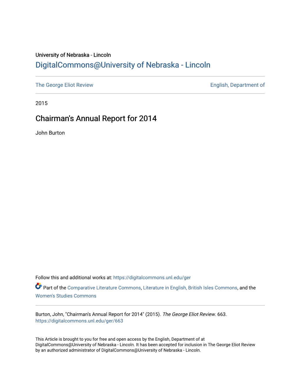 Chairman's Annual Report for 2014