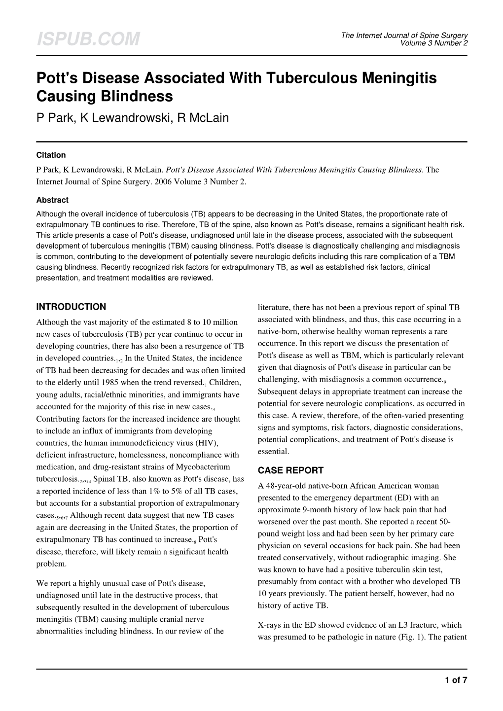 Pott's Disease Associated with Tuberculous Meningitis Causing Blindness P Park, K Lewandrowski, R Mclain