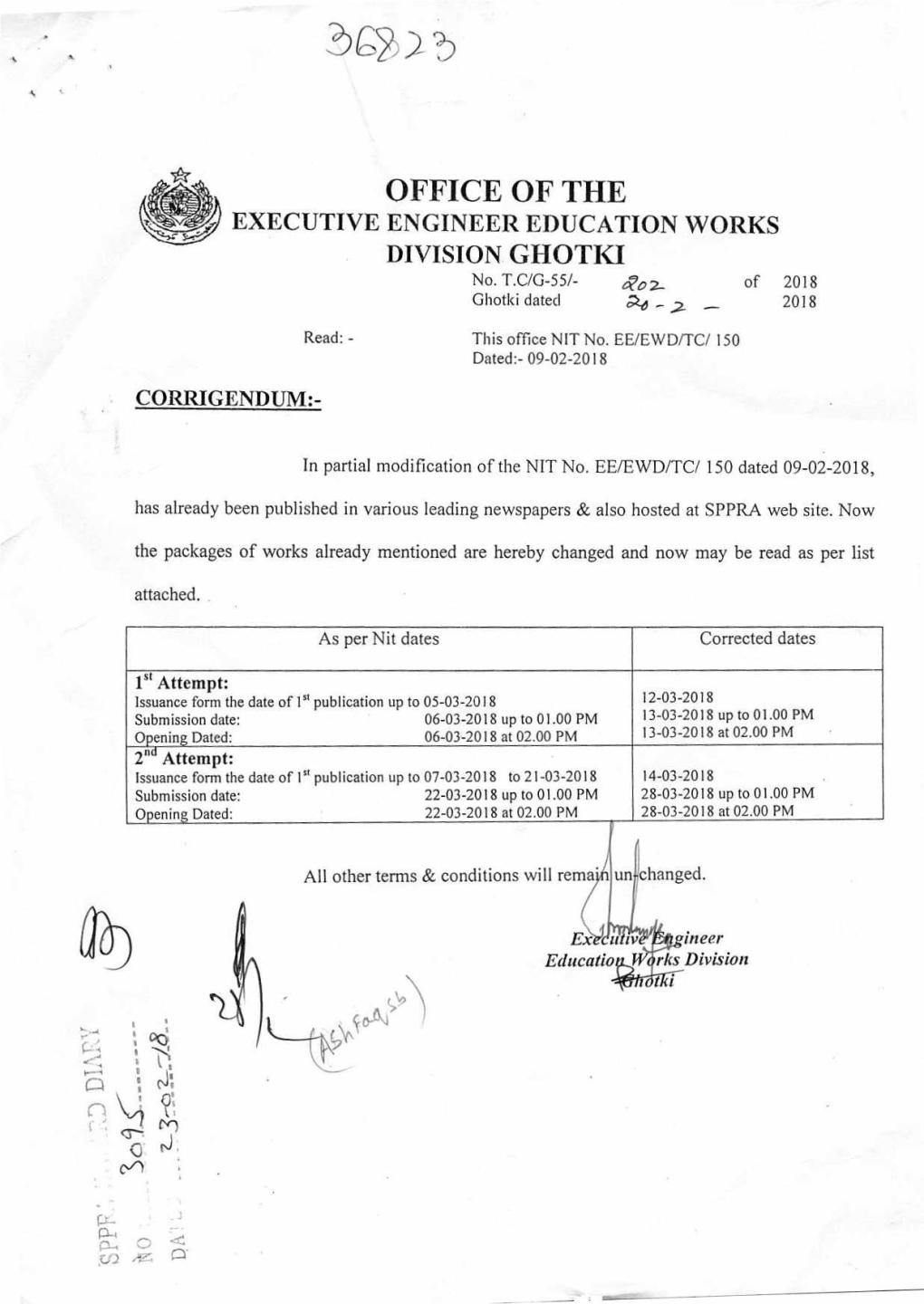 OFFICE of the EXECUTIVE ENGINEER EDUCATION WORKS DIVISION GHOTKI No