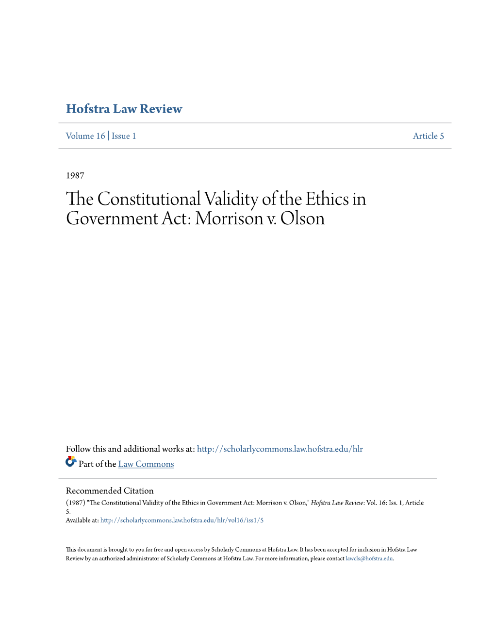 The Constitutional Validity of the Ethics in Government Act: Morrison V
