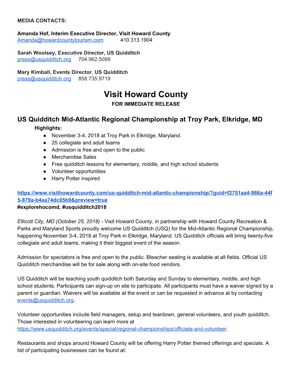 Visit Howard County Amanda@Howardcountytourism.Com 410.313.1904