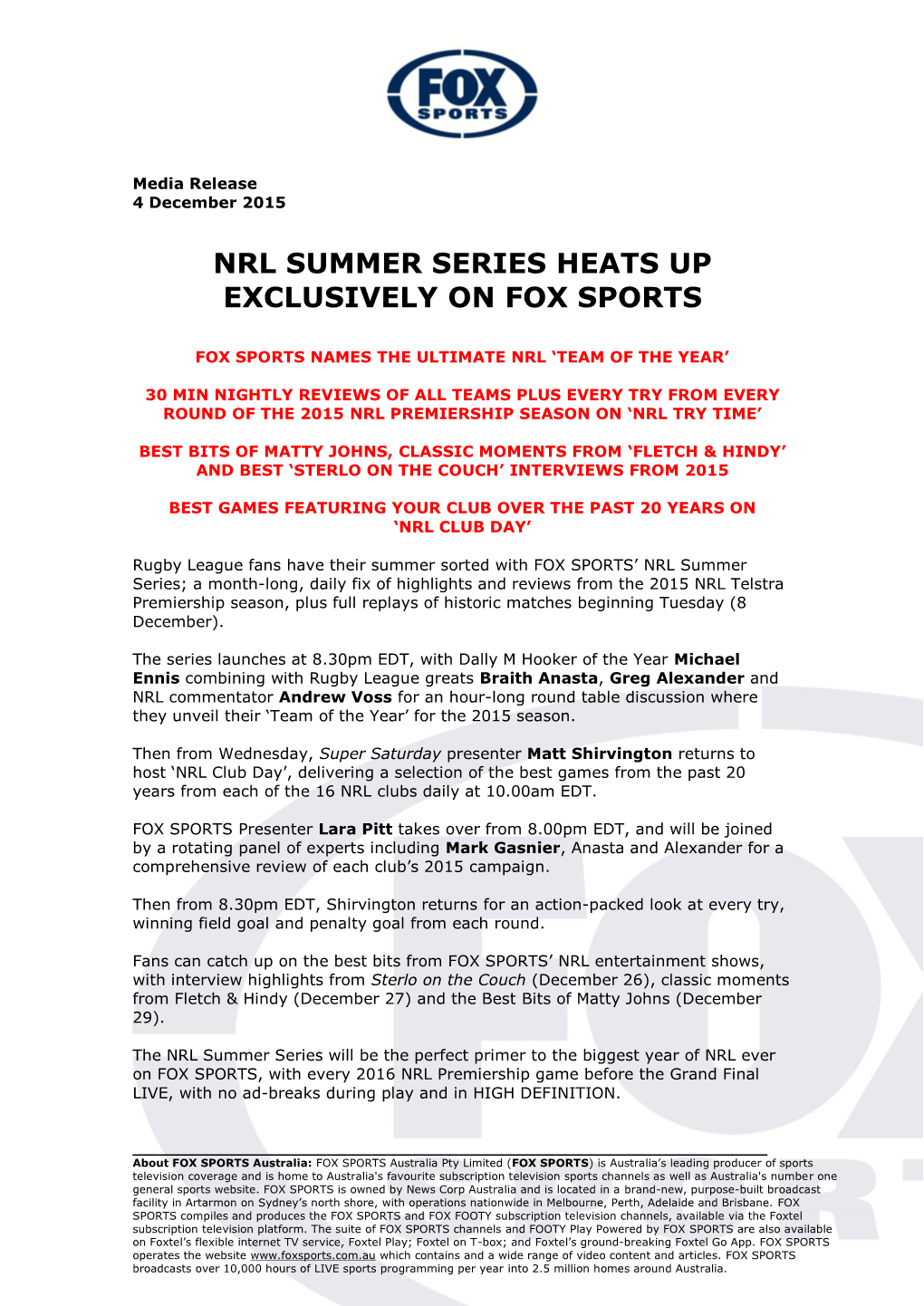 Nrl Summer Series Heats up Exclusively on Fox Sports