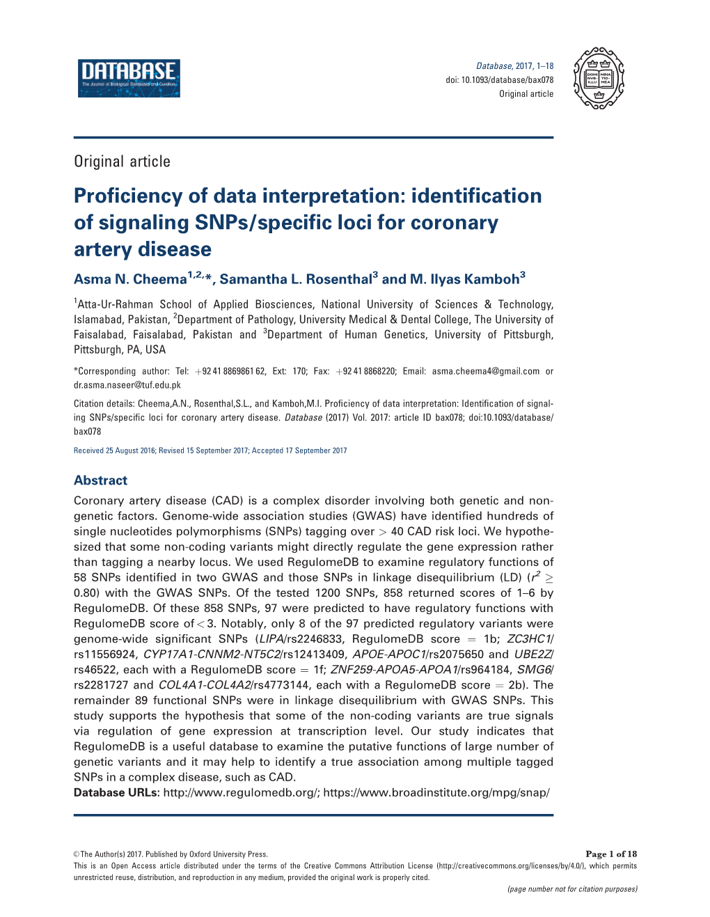 Proficiency of Data Interpretation: Identification of Signaling Snps/Specific Loci for Coronary Artery Disease Asma N