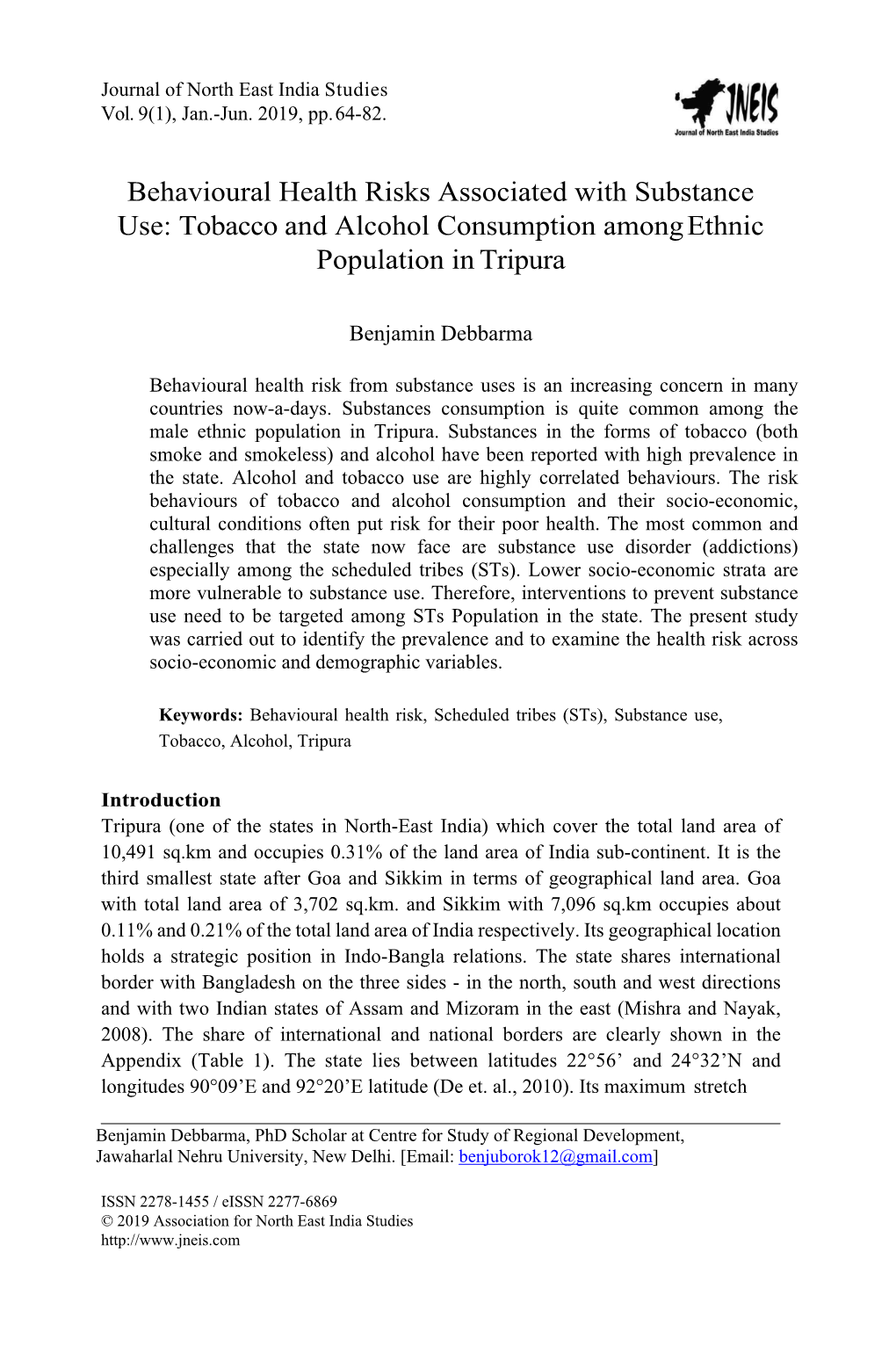 Tobacco and Alcohol Consumption Among Ethnic Population in Tripura